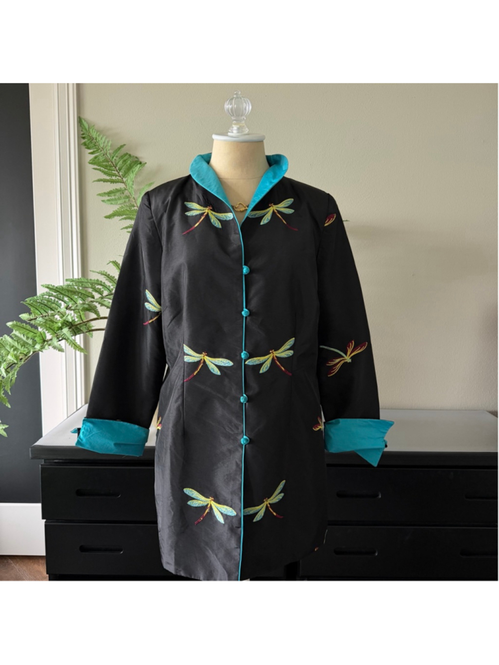 Vintage La Cera Dragonfly Mandarin Tang Collar Coat (M)